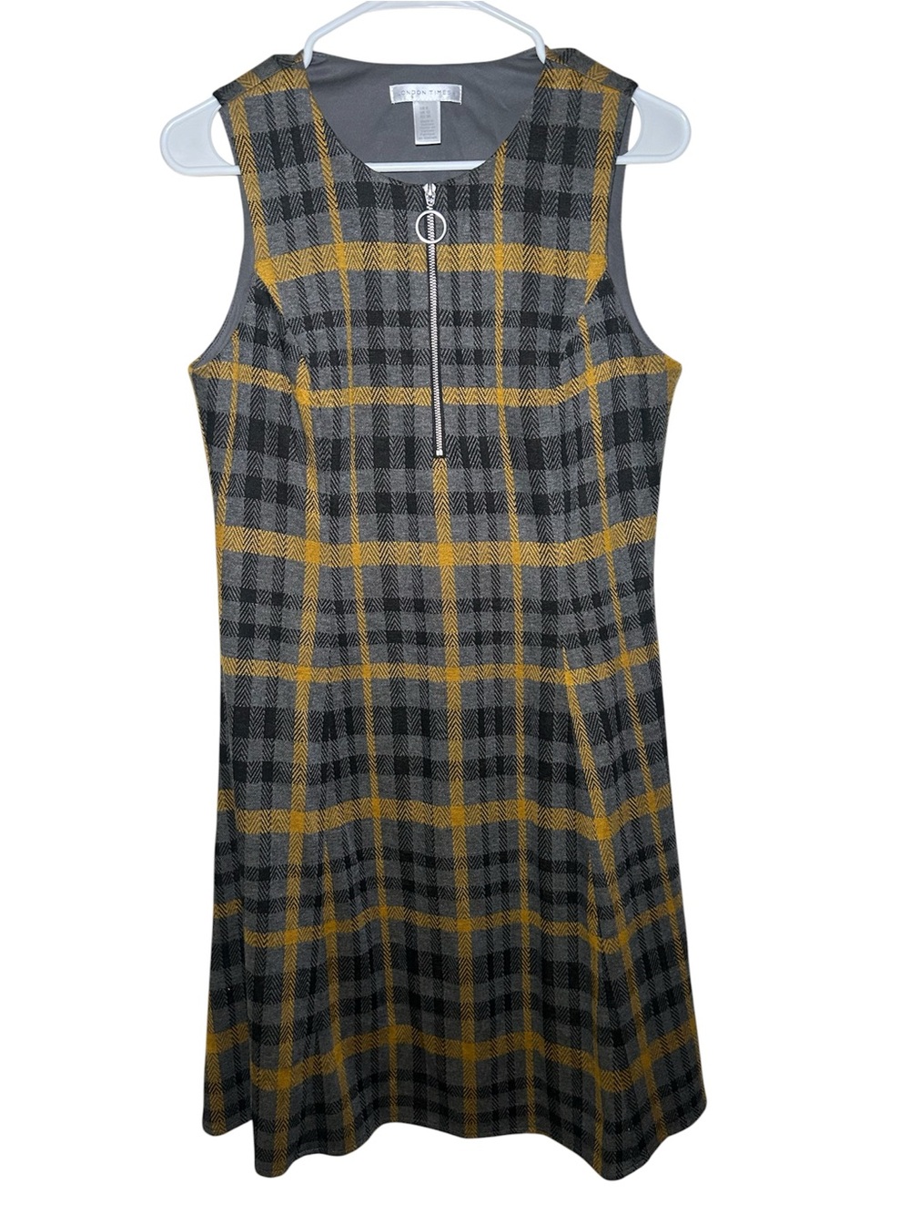 London Times Sleeveless Plaid A-Line Dress Mustard Gray 8 Clueless Y2K 90s Chic